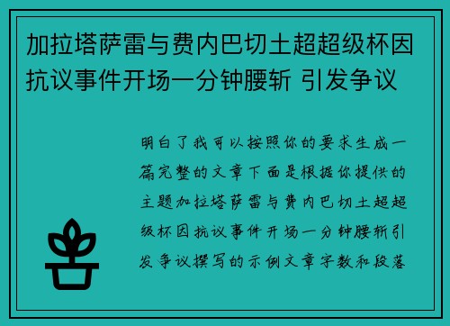 加拉塔萨雷与费内巴切土超超级杯因抗议事件开场一分钟腰斩 引发争议