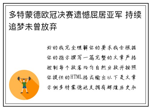 多特蒙德欧冠决赛遗憾屈居亚军 持续追梦未曾放弃