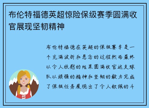 布伦特福德英超惊险保级赛季圆满收官展现坚韧精神